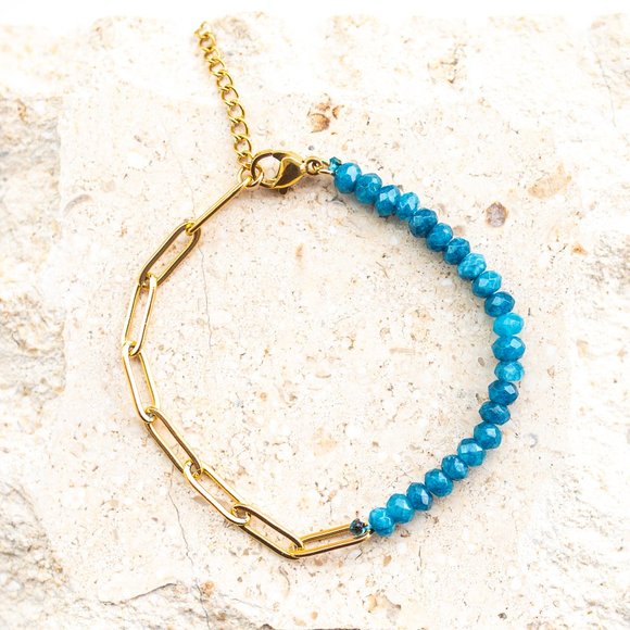 Half Blue Apatite Beaded Gemstone Bracelet Half Gold Paperclip Chain WATERPROOF - Picture 3 of 8